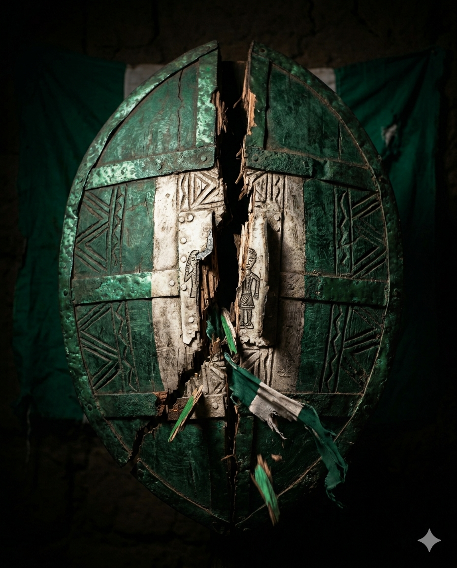 A broken green and white shield representing the broken defense and lack of coordination